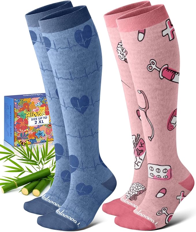 Bamboo Viscose Compression Socks for Women Men 2 Pairs 15-20mmHg Knee High Compression Socks Travel Nurse