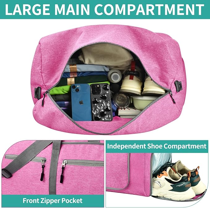 Dimayar 40L Travel Duffle Bag for Men Women - Foldable Duffel Bag with Shoes Compartment - Overnight Bags Waterproof & Tear Resistant(Rouge Pink)