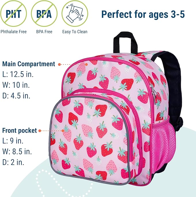Wildkin 12-inch Kids Backpack – Padded, Adjustable, Ideal for Daycare & Travel - Strawberry Patch
