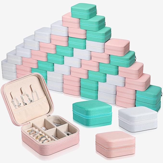 Batiyeer 50 Pcs Small Jewelry Travel Case Bulk Mini Jewelry Box Wedding Bridesmaid Proposal Return Gift for Pooja(White Pink Green)
