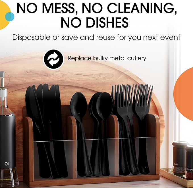 Black Plastic Silverware Heavy Duty 300 Pieces Black Disposable Silverware Heavy Duty, Utensil Sets, 100 Of Each Forks, Knives & Spoons Disposable Cutlery Set For Party Supplies