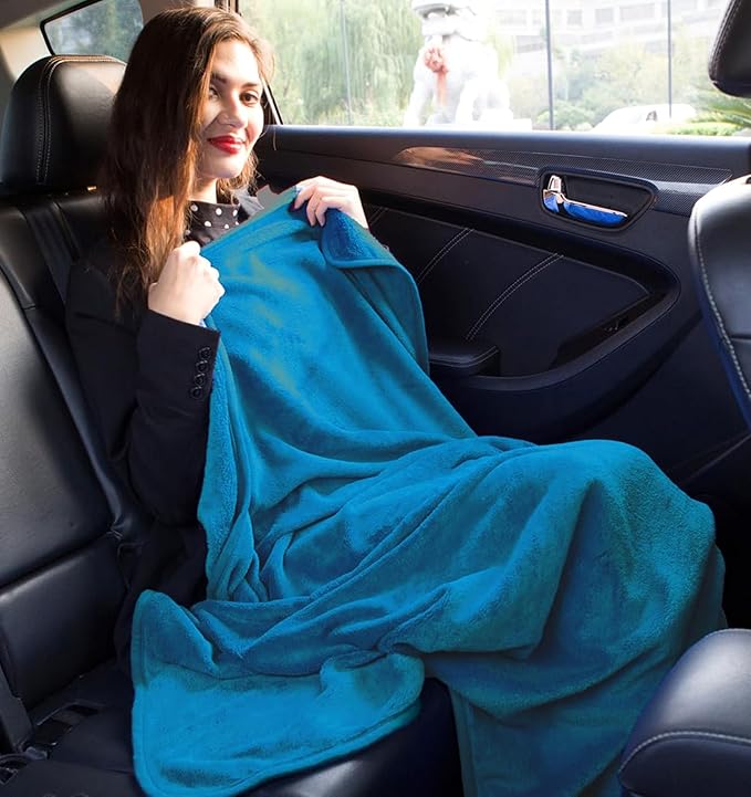 BlueHills Travel Blanket Pillow in Mini Soft Case Premium Plush Airplane Blanket in Soft Bag Compact Pack with Luggage Belt and Backpack Clip Airline Car 2 in 1 Traveler Essentials - Teal Blue M03