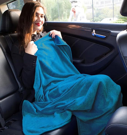 BlueHills Travel Blanket Pillow in Mini Soft Case Premium Plush Airplane Blanket in Soft Bag Compact Pack with Luggage Belt and Backpack Clip Airline Car 2 in 1 Traveler Essentials - Teal Blue M03