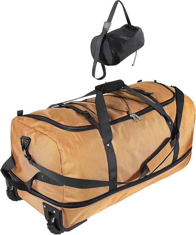32” 1680D Oxford Foldable Duffle Bag with 2 Wheels,110L to 140L Expandable Soft Sided Rolling Travel Bag,Brown