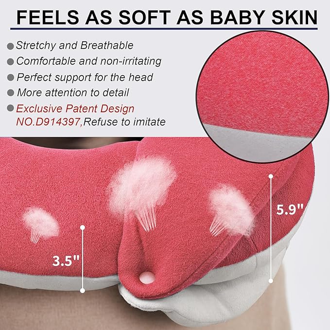 BUYUE Travel Neck Pillows for Airplanes, 360° Head Support Sleep for Long Flight, Skin-Friendly & Breathable, Kit with 3D Contoured Eye Mask, Earplugs and Storage Bag (Adult, Pink, 90+ lbs)