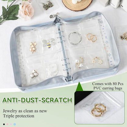 Jewelry Organizer Case Travel Clear Earring Organizer Case Transparent Jewelry Storage Book (Light blue, With 80 Pcs small Jewelry Pouches)