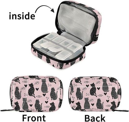 Fustylead Black Silhouette Cats and Star Hearts Travel Pill Organizer Bag with Zipper Small Pill Box 7 Day Pill Case for Purse Storage Weekly Vitamin Medicine Supplement