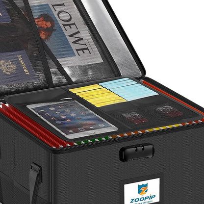 Fireproof File Box with Lock, 5200°F Document Box Storage Organizer, Suitable for Hanging File Folders in Letter Size, Collapsible Box, Reflective Strip for Fast Find (16.6*12.6*10.2, Black)