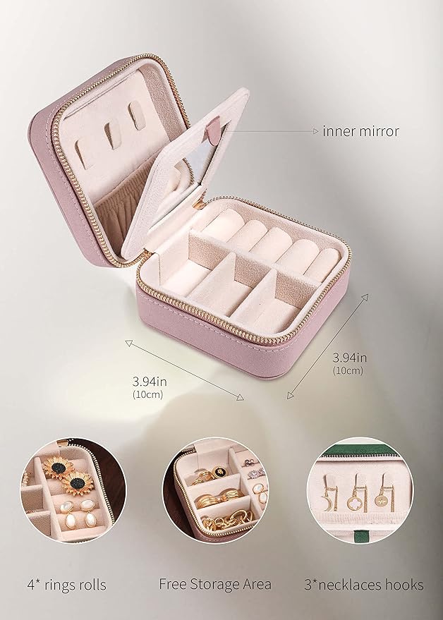 S.Leaf Travel Jewelry Organizer Boxes for Women Small Portable Necklace Earrings Bracelet Rings Travel Case Best Friend Birthday Gifts for Women Trendy (05_Suede_Touch_Dust_Pink)