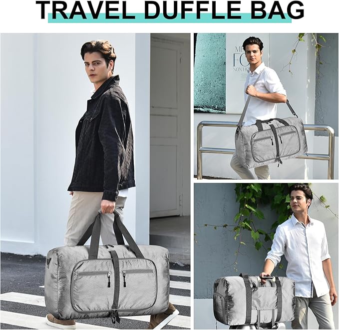 Dimayar Travel Duffle Bag for Men Women - Foldable Duffel Bag with Shoes Compartment - Overnight Bags Waterproof & Tear Resistant(40L,Space Gray)