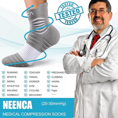 NEENCA Medical Compression Socks for Women & Men Circulation—2 Pairs, Ankle Compression Stockings for Pain Relief, Plantar Fasciitis, Swelling, Running, Nurses, Travel, Pregnancy, Flying. 20-30 mmHg