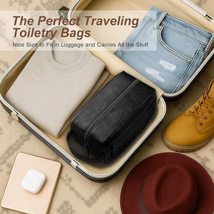 Travel Toiletry Bag for Men and Women, Travel Shaving Dopp Kit Water-resistant Bathroom Toiletries Organizer PU Leather Cosmetic Bags (Black)