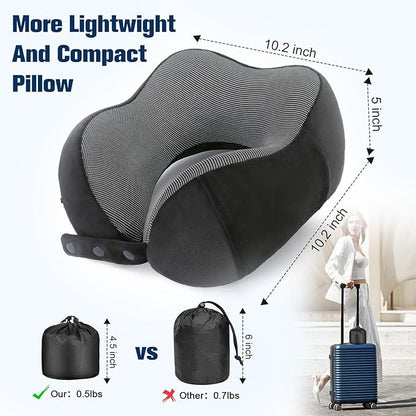 Neck Pillow for Traveling, Travel Pillows for Airplanes,100% Pure Memory Foam Travel Neck Pillow, Adjustable Flight Pillow, Portable Plane Accessories with Eye Mask, Earplugs, Carry Bag
