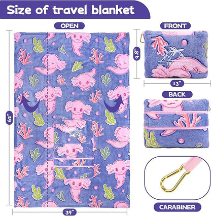 Axolotl Blanket for Airplane Travel - Glow in The Dark Kids Travel Blanket Pillow Set for Plane, Car - Axolotl Gifts Toys for Girls, Small Soft Purple Fleece Throw for Teens Girls 40" x 60"