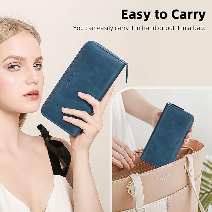 VISOUL Leather Long Zipper Pouch Wallet for Men and Women with RFID Blocking, Large Clutch Cash Long Wallet with Zipper (Navy Blue)
