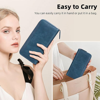 VISOUL Leather Long Zipper Pouch Wallet for Men and Women with RFID Blocking, Large Clutch Cash Long Wallet with Zipper (Navy Blue)