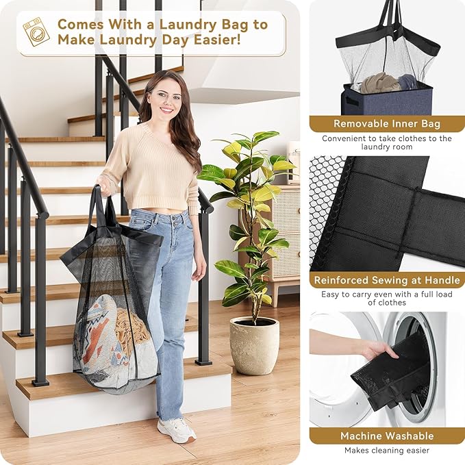 SOLEDI Slim Laundry Hamper with Lid, Narrow Laundry Basket with Removable Bags, Dirty Clothes Hamper with handle, Small Hamper perfect for Laundry room, Bathroom, Bedroom, Small spaces. 70L Navy Blue