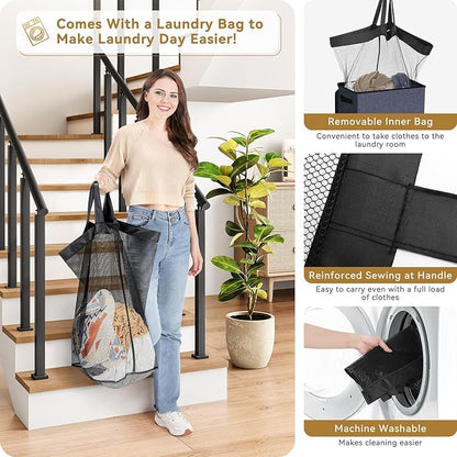 SOLEDI Slim Laundry Hamper with Lid, Narrow Laundry Basket with Removable Bags, Dirty Clothes Hamper with handle, Small Hamper perfect for Laundry room, Bathroom, Bedroom, Small spaces. 70L Navy Blue