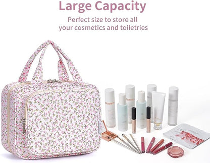 Narwey Hanging Toiletry Bag for Women Travel Makeup Bag Organizer Toiletries Bag for Travel Size Essentials Accessories Cosmetics (Green Leaves and Flower (Medium))