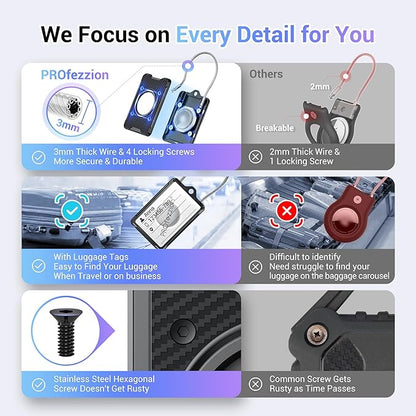 PROfezzion Luggage Tag AirTag Holder with Name ID Cards, Luggage Name Tag with Wire Cable Key Rings for Luggage Bag Travel Suitcase Backpack, Scratch Resistant AirTag Case for Travelling