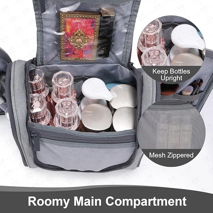 Hanging Toiletry bag & Makeup Bag for Travel, Water-Resistant Organizer Toiletries Bag with Separate Compartments, Travel Essentials Kit (Gray)