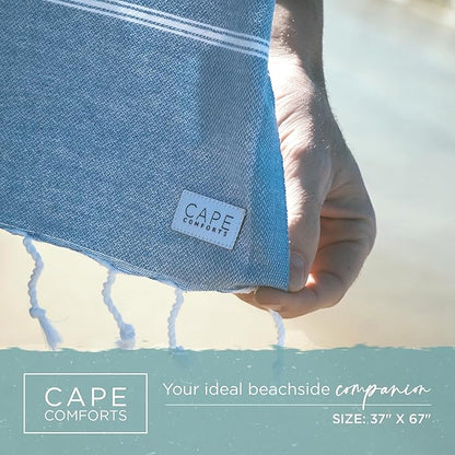 Large Turkish Beach Towel, Classic Denim Blue - Super Soft & Lightweight Quick Dry Absorbent Towels for Beach, Picnic Blanket or Bath Towel - Sand Free Organic Turkish Cotton Yarn