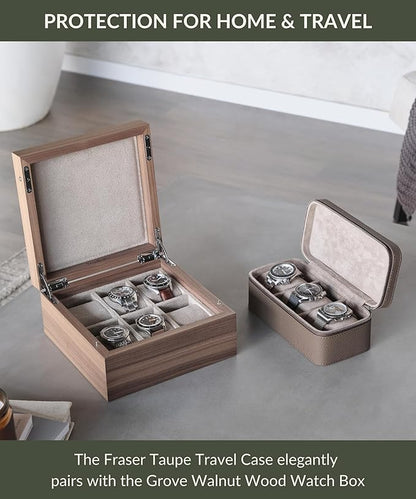 TAWBURY Watch Case - 3 Slot Portable Watch Storage Box for Home & Travel with Extra Wide Pillows for Large Watches and Compartment for Accessory Storage (Taupe)