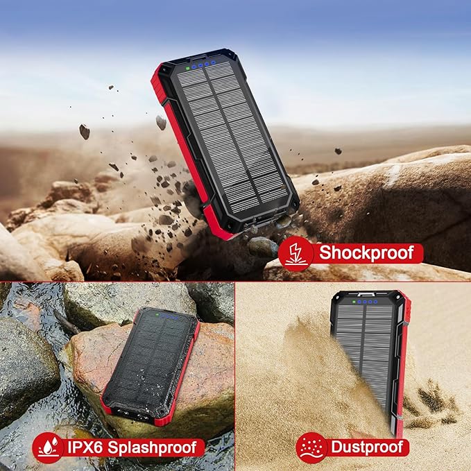 WONGKUO Solar Charger Power Bank - 49800mAh Solar Phone Charger with USB-C in/Output, QC 3.0 Fast Charging with LED Flashlight, Built-in 4 Cables, IP65 Waterproof Fits for Outdoor (Brilliant Red)
