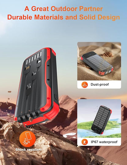 Solar Charger Power Bank, PD 20W Fast Charging External Batter, 40000mAh Portable Phone Charger Built in 4 Cables with Dual Bright Flashlights for Camping, Hiking, and Outdoor Use（RED）
