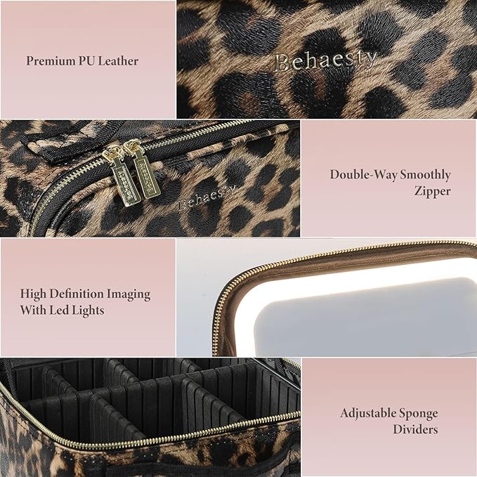 Travel Makeup Bag with LED Lighted Mirror, Cosmetic Makeup Organizer Bag with 3 Color Setting, Makeup Train Case with Adjustable Dividers for Women Makeup Brushes Jewelry Accessories