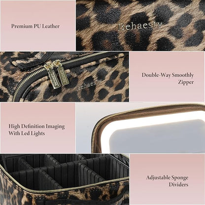 Travel Makeup Bag with LED Lighted Mirror, Cosmetic Makeup Organizer Bag with 3 Color Setting, Makeup Train Case with Adjustable Dividers for Women Makeup Brushes Jewelry Accessories
