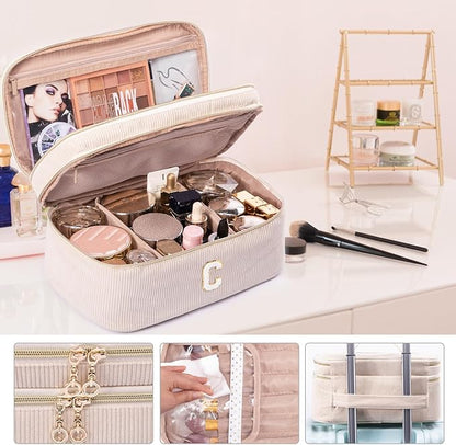 AMOIGEE Initial Makeup Bag Organizer,Personalized Double Layer Train Case, Travel Toiletry Bag for Makeup Brushes for Teens Girl, Skincare Gift Set, Initial Cute Cosmetic Make Up Bag for Women