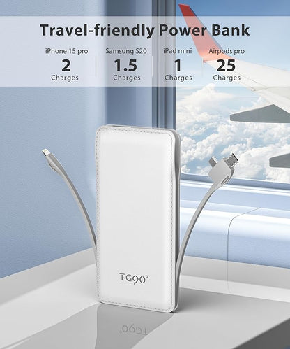 TG90° 10000mAh Power Bank Built-in Cables(No Plug), Pocket Size USB C Portable Charger, 3A Fast Charging External Battery Pack, Travel Essential Phone Powerbank Compatible with iPhone Samsung iPad