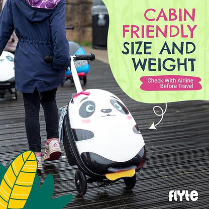 FLYTE Scooter Suitcase Folding Kids Luggage – Penni the Panda, 18 Inch Hardshell, Ride On with Wheels, 2-in-1, 25 Litre Capacity