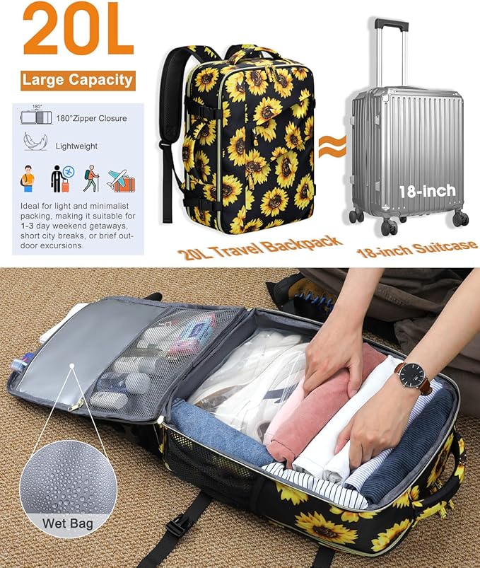 Capolo Travel Backpack for Women Men Waterproof Laptop Backpack Flight Approved Carry On Backpack Overnight Weekender Bag College Bookbag for Business, Work, Traveling Fits 15.6 '' Laptop,Sunflower