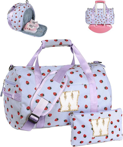 Dance Recital Gifts for Girl, Girls Gym Bag, Kids Personalized Overnight Duffle Bags with Shoe Compartment, Monogram Travel Tote with Makeup Bag, Gift Ideas for Niece Sister (Letter W)