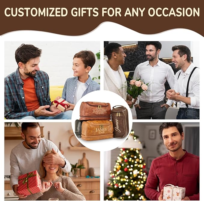 Personalized Toiletry Bag for Men - Custom Large Leather Dopp Kit with Engraved Name & Text, Personalized Gift for Groomsmen, Husband, Dad, Boyfriend, Birthday or Christmas Gifts for Men