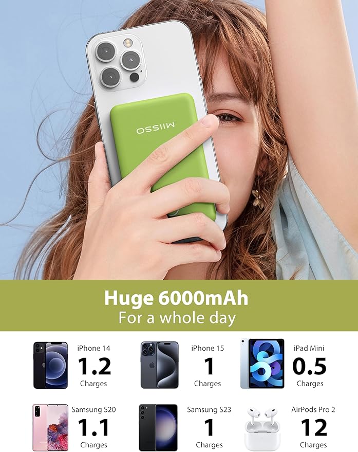 miisso 6000mah Ultra Slim Built in Cables Power Bank, Card Size Built in USB C Cords Battery Pack Portable Charger for Phones, 3 Output External Battery Pack Compatible with iPhone, Deep Green