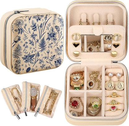 Bistup Travel Jewelry Case - Small Jewelry Organizers and Storage Box for Women Girls Teens Cute Traveling Jewelry Holder with Mirror Little Tiny Compact Modern Unique Aesthetic Pretty, Blue Floral