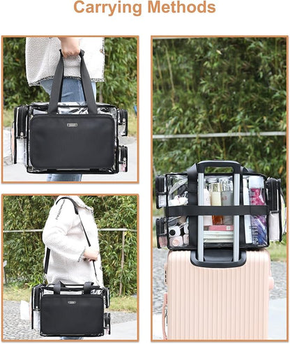 Relavel Extra Large Makeup Case and Clear Makeup Bag, Professional Cosmetic Storage Organizer Box Brush Holder with 4 Clear Set Bags & Lipstick Plate for Makeup Artists with Adjustable Dividers, Black