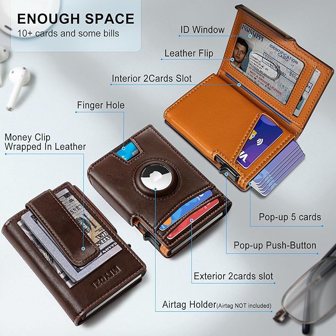 Airtag Wallet for Men,with Money Clip 10 Cards Metal Case Smart Slim Pop Up Credit Card Holder Flip with Magnetic Closure RFID Blocking wallet with Gift Box