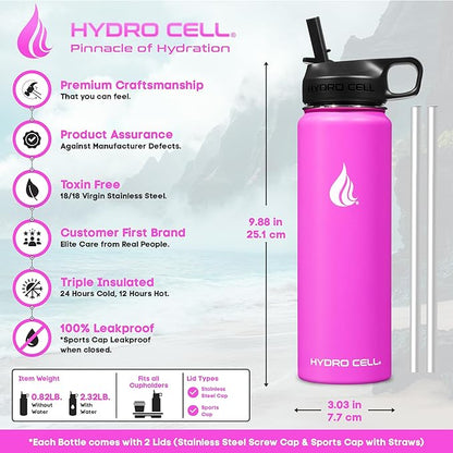 HYDRO CELL Stainless Steel Insulated Water Bottle with Straw - For Cold & Hot Drinks - Metal Vacuum Flask with Screw Cap and Modern Leakproof Sport Thermos for Adults (Fuchsia 24oz)