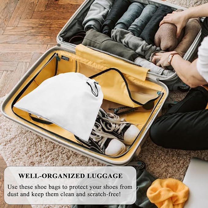 LAKE OF FIRE 4-Piece Travel Shoe Bags for Packing, 17.7" x 13.8" Dustproof Shoe Bags - Flannel Shoe Pouch with Drawstring Closure,Washable & Reusable(White)