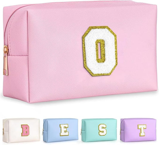 TOPEAST Small Makeup Bag Initial Cosmetic Bag Travel Toiletry Bag, Personalized Birthday Gift for Mom Sister Friends Teacher Nurse, Preppy Travel Stuff for Girls (Pink O)