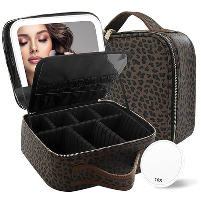 MOMIRA Makeup Train Case Makeup Bag with Light up Mirror Cosmetic Bag Organizer Detachable Portable Travel Makeup Case with Adjustable Dividers Makeup Brushes Storage, Waterproof,Leopard-Dark brown