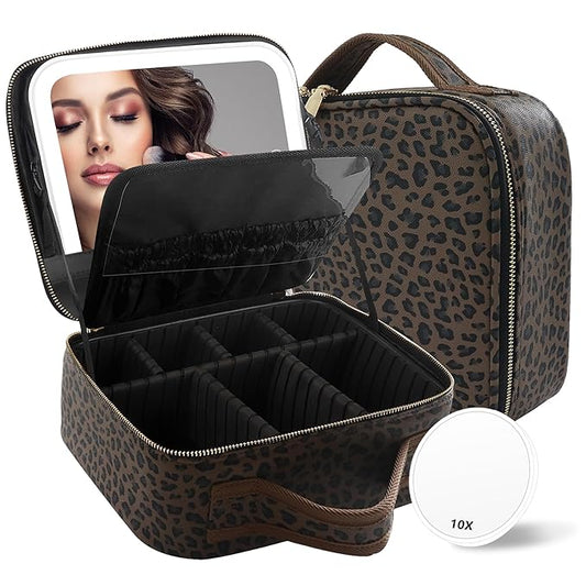 MOMIRA Makeup Train Case Makeup Bag with Light up Mirror Cosmetic Bag Organizer Detachable Portable Travel Makeup Case with Adjustable Dividers Makeup Brushes Storage, Waterproof,Leopard-Dark brown