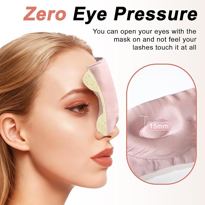 VOCOSTE 22 Momme Pure Silk Sleep Mask with Travel Pouch, 3D Contour Adjustable Blindfold for Side Sleepers, Eyelash Protecting for Natural Lashes & Extensions, Light Pink