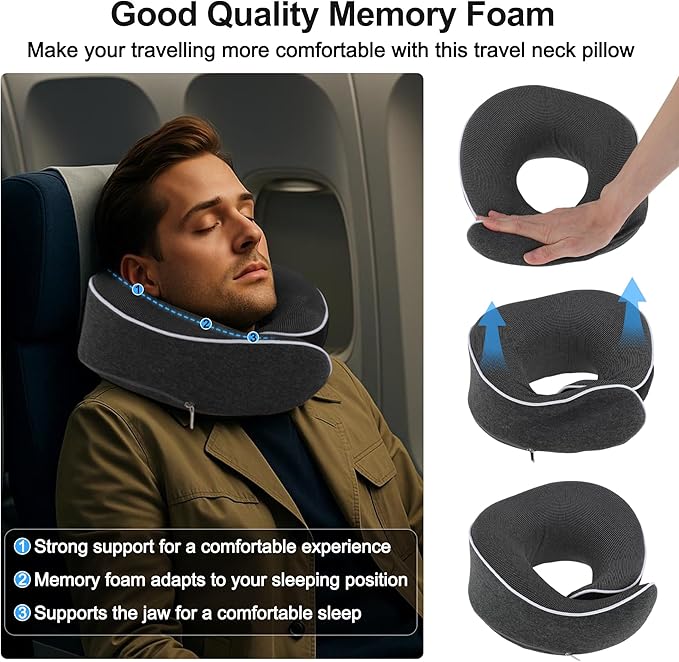 VOCOSTE Neck Pillow for Airplane Travel, Ergonomic Memory Foam Support for Long Flights, with Eye Mask & Earplugs, Home & Office Nap, Gifts for Frequent Flyer, Deep Gray