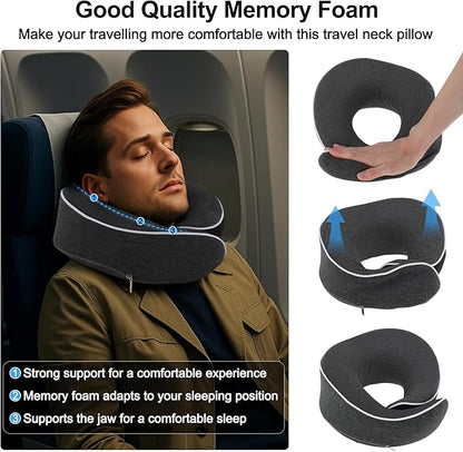 VOCOSTE Neck Pillow for Airplane Travel, Ergonomic Memory Foam Support for Long Flights, with Eye Mask & Earplugs, Home & Office Nap, Gifts for Frequent Flyer, Deep Gray