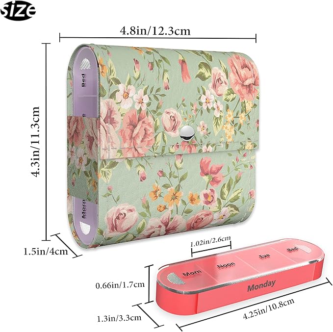 Pill Organizer,LIZIMANDU Weekly Travel Pill Case Box Medication Reminder Daily AM PM, Day Night 7 Compartments,for 4 Times A Day, 7 Days a Week-Includes Leather PU Carrying Case (Blue Rose)